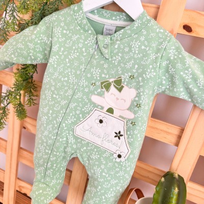 Macacão Trape Zape - Ursa Amo Flores! - Verde